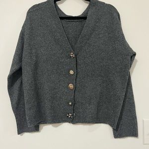 Cece Gray Cardigan Sweater V-Neck Button Front